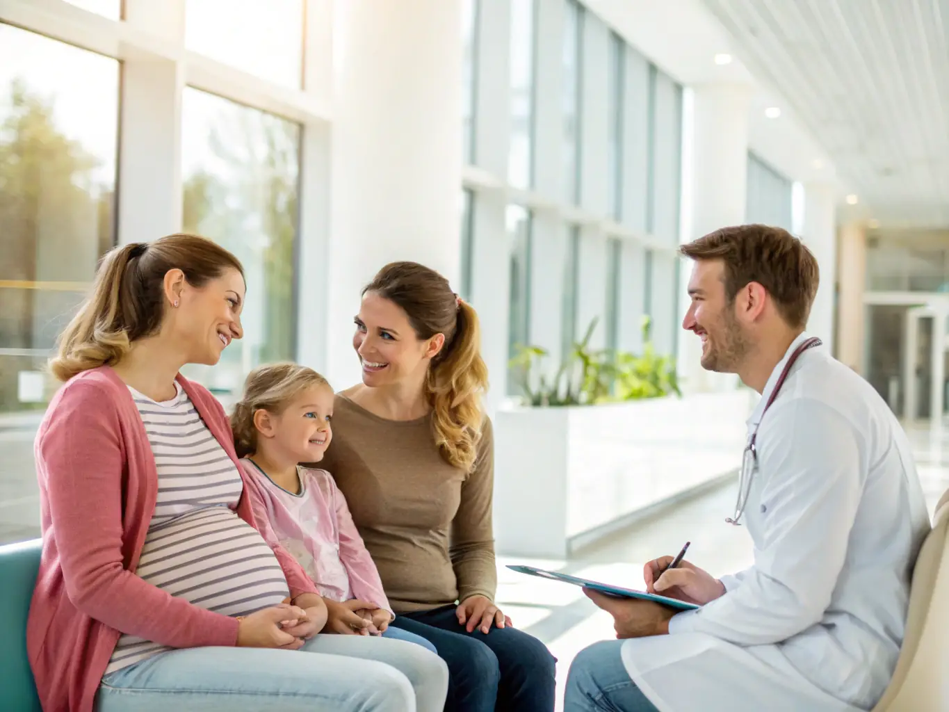 A warm and inviting image of a family interacting with a friendly doctor in a modern clinic setting, symbolizing comprehensive family care at Centro Medico Hispano.